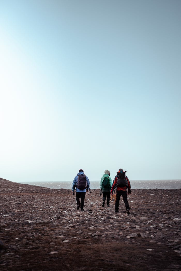 Three adventurers hiking on a rocky coastline, showcasing outdoor exploration and travel.